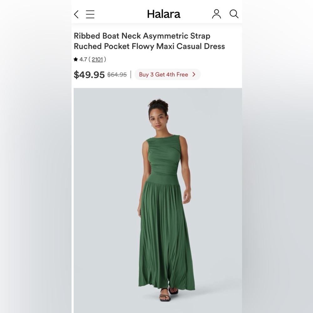 HALARA Ribbed Boat Neck Asymmetric Strap Ruched Pocket Flowy Maxi Casual Dress